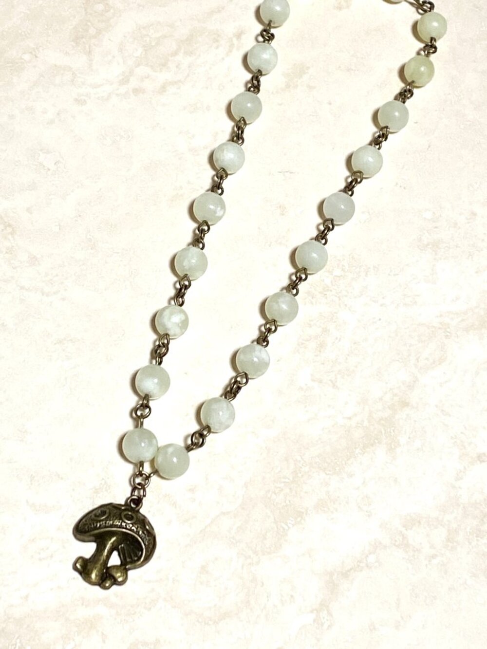 Natural Pale Green Serpentine Short Necklace, Gemstone & Bronze Round Mushroom - Picture 4 of 13